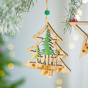 Wooden Christmas tree star ornament with reindeer silhouette and festive hemp rope hanger