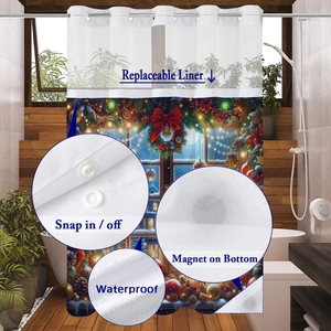 Christmas shower curtain with waterproof snap-in liner and magnetic bottom hem