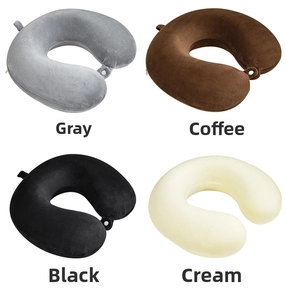 U-shaped memory foam travel pillows in grey, brown, black and white inner core display