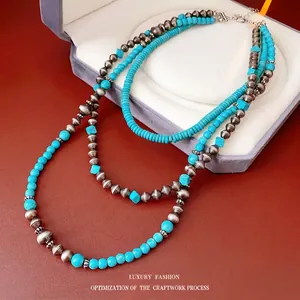 Three-layer bohemian turquoise beaded necklace with vintage silver accents and lobster clasp