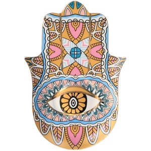 Hamsa Hand ceramic jewelry tray with colorful Evil Eye mandala pattern on white background