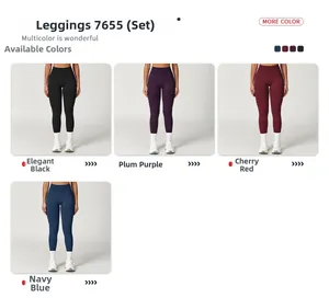 Detailansicht der nahtlosen High-Waist-Yogahosen in Schwarz, Lila, Rot und Marineblau