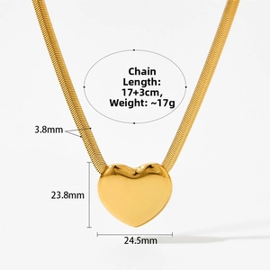 Close-up of heart pendant size 24.5mm with 3.8mm gold snake chain detail on white background