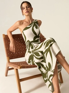 Elegant white knit maxi dress with green leaf print and stylish one-shoulder design