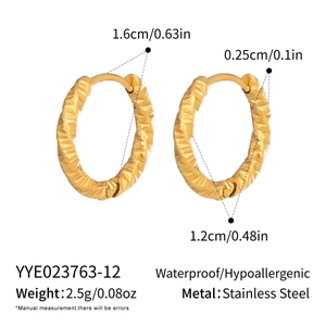 Detailed size specifications for gold stainless steel hoop earrings with textured finish