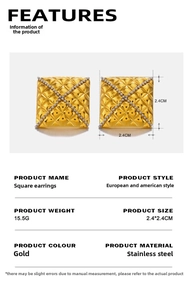 Detail of square geometric gold earrings with quilted pattern and pearl accents