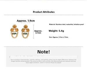 Detail showing stainless steel gold flower earring with malachite and tassel length 3.7cm