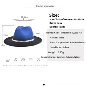 Unisex two-tone gradient wool fedora hat with size specifications and 8cm brim