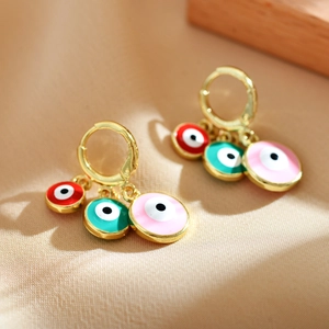 Bohemian gold hoop earrings featuring red, green, and pink hanging evil eye charms