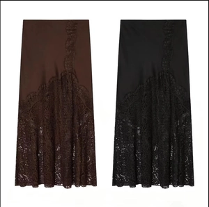 Jupe Midi En Satin Pour Femmes Avec Ourlet En Dentelle Taille Haute Fermeture Éclair Latérale Élégante Streetwear Sexy