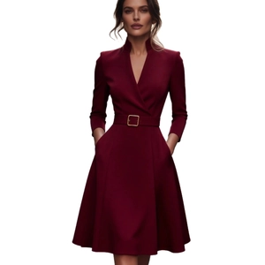 Elegant wine red V-neck long sleeve dress with waist belt and a-line skirt