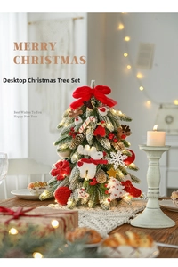 Mini Nordic flocked Christmas tree detail with red bows, reindeer, and LED lights