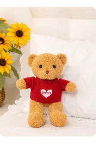 Gros plan détaillé d'un ours en peluche marron portant un pull rouge avec broderie coeur