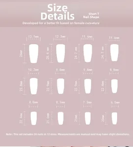 Size chart detail for short T-shaped press-on nails with 12 specific dimensions