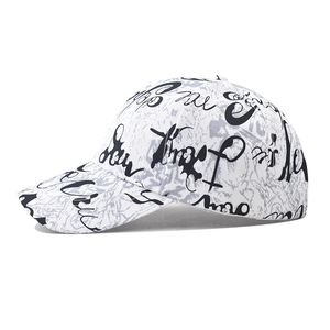 Fashionable baseball cap with white marble texture and black graffiti print for street style