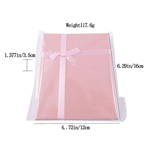 Pink satin scrunchie packaging detail showing dimensions 16x12cm and weight 117.6g