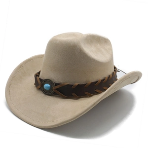 Detail of beige faux suede cowboy hat with braided leather band and turquoise stone