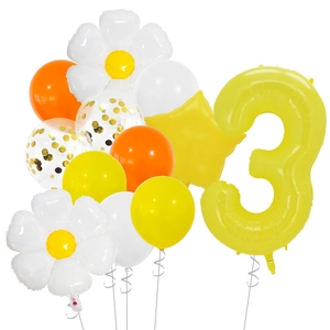 Daisy balloon set with yellow number 3 foil balloon and sequins for birthday party decor