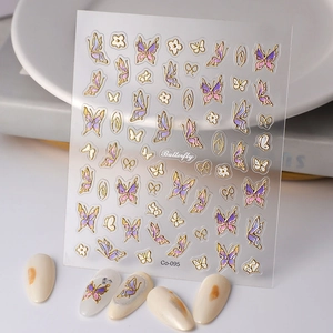Stickers à ongles papillon 5D avec dorure à l'or et motifs de fleurs violet dégradé