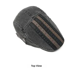 Top view detail of washed cotton flat cap with retro vintage stripes and durable stitching