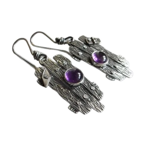 Retro geometric silver earrings with textured metal and round purple amethyst stone inlay