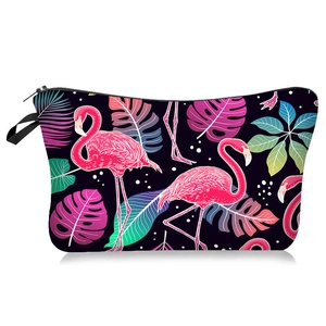 Polyester flamingo print makeup bag with tropical leaf patterns and black zipper closure