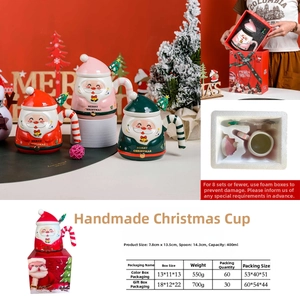 Detailed view of hand-painted ceramic Santa mugs with 3D lids and matching spoons