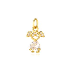 Detailed close-up of a gold girl-shaped pendant featuring a heart-shaped white zircon