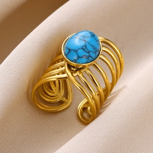 Vue macro d'une bague en acier inoxydable doré avec pierre turquoise ovale soleil