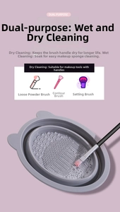 Macro shot of grey silicone makeup brush cleaning bowl with textured bottom and foam