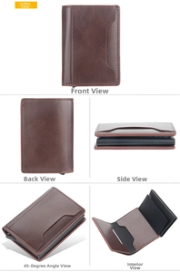 Detailed multi-angle views of coffee brown leather wallet with anti-theft metal card box