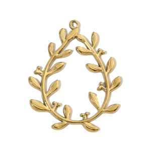 Detail of gold fan-shaped olive leaf pendant with textured teardrop hollow frame