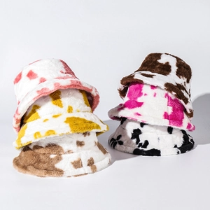 Cow Print Plush Bucket Hat Faux Fur Warm Winter Fisherman Cap Adjustable Soft Trendy Outdoor Fashion Headwear