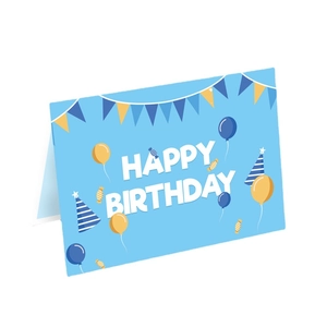 3D folding blue birthday card with cake design and Happy Birthday text on white background