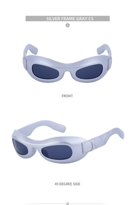 Detail view of silver metal sunglasses with gray lenses from front and side angles