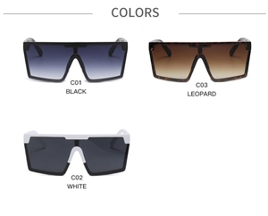 Detailed color options for square oversized sunglasses in black, leopard, and white frames