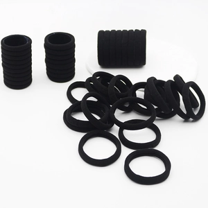 Close-up of seamless black elastic hair ties showing high stretch and thick nylon texture