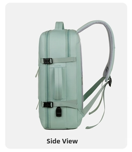 Side view of the lightweight travel backpack in light green, featuring durable buckles.