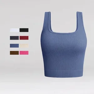 Women Seamless Ribbed Yoga Tank Top Square Neck Fitness Sports Top Breathable Gym Workout Running Camisole Crop Top