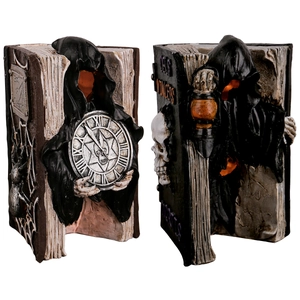Gothic resin reaper bookend set with glowing LED light and skeletal details