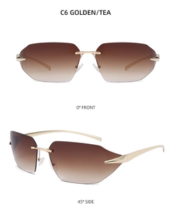 Front and 45-degree side views of rimless tea gradient sunglasses with golden metal temples