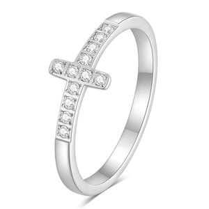 Minimalist 7mm stainless steel cross ring with white zircon stones on white background