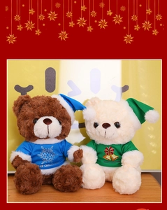 Detail of Christmas teddy bears in festive outfits with Merry Christmas print