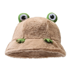 Cute brown plush frog bucket hat for winter featuring 3D cartoon eyes and soft faux fur