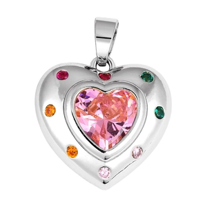 Macro shot of heart-shaped silver pendant with pink center stone and colorful zircons