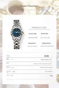 Detailed size chart for women's diamond watch with case diameter and strap dimensions