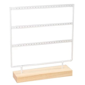 Three-tier white metal earring display stand with natural solid wood base organizer