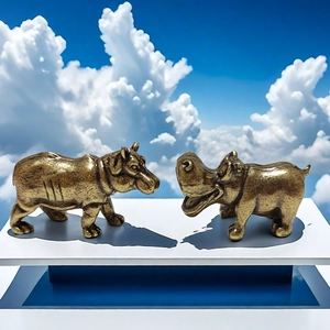 Retro solid brass hippo figurines set with vintage texture for desktop decoration