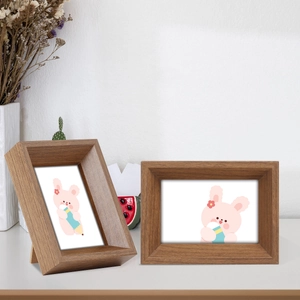 Minimalist wood grain picture frame set with natural texture and cute rabbit illustrations