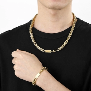 Ensemble collier et bracelet byzantins dorés avec plaques carrées pour hommes